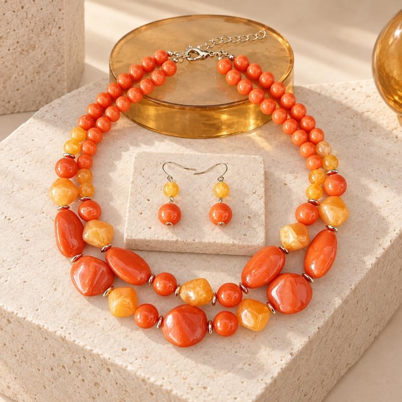 Beaded Necklace with Coordinated Drop Earrings, Double-Strand Layering, and Irregular Acrylic Beads Jewelry Set