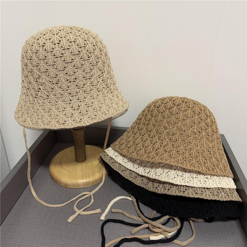 Thin Hollow Breathable Bucket Hat Women's Spring and Summer Face Small Versatile Lace-up Travel Sunshade Bucket Hat
