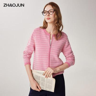 Zhaojun Women's Striped 100% Wool Zipper Cardigan