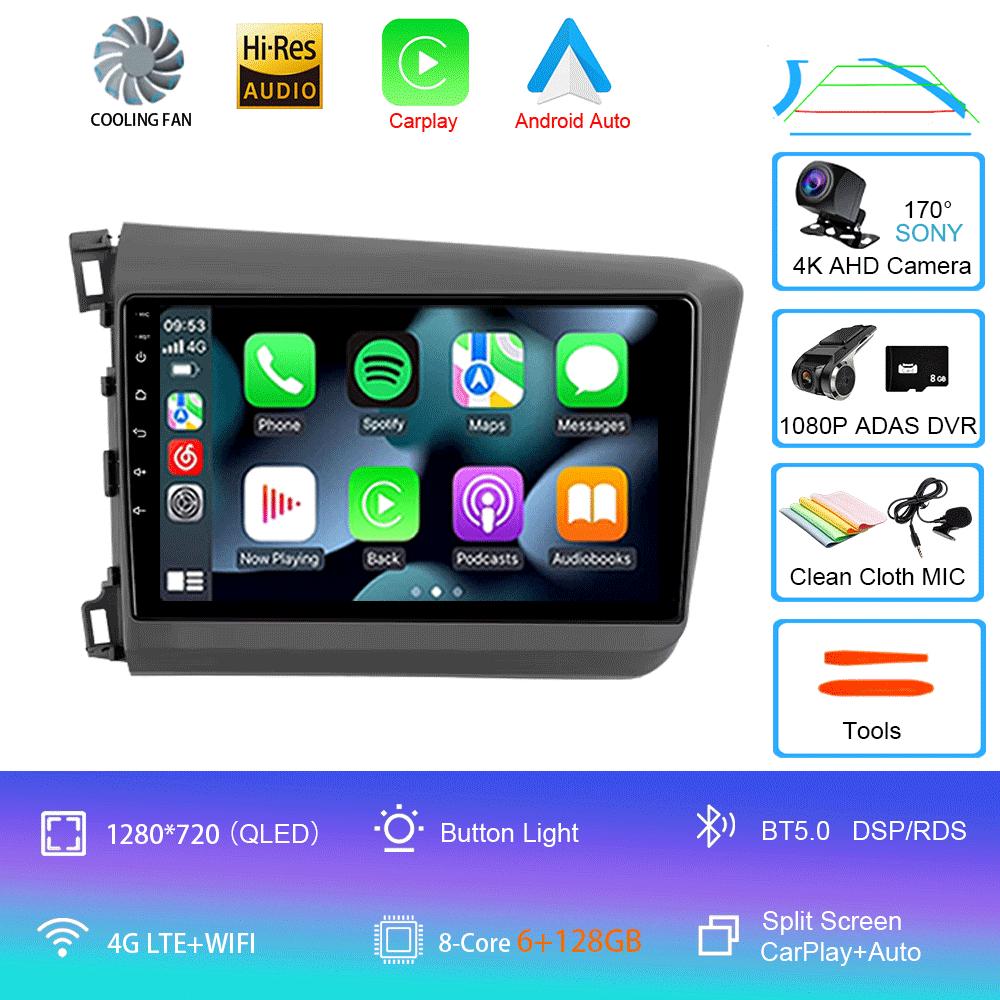 Car Radio Carplay Auto WIFI+4G For Honda Civic 2012 2013 2014 2015 Android 14 Multimedia Player Stereo GPS Head Unit No DVD 2Din