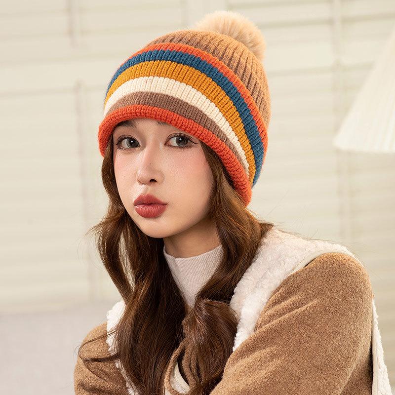 Rainbow Mixed Color Knitted Warm Hat Women's Fleece Warm Ear Protector Hairball Hat Dopamine Face Small Wool Hat