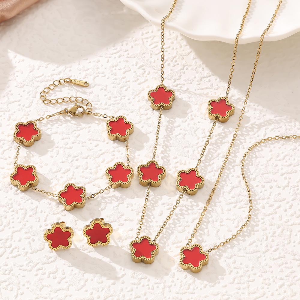 SHEIN 18K Gold-Plated Five-Petal Flower Jewelry Set: Bracelet, Necklace & Stud Earrings In Non-Fading Titanium Steel