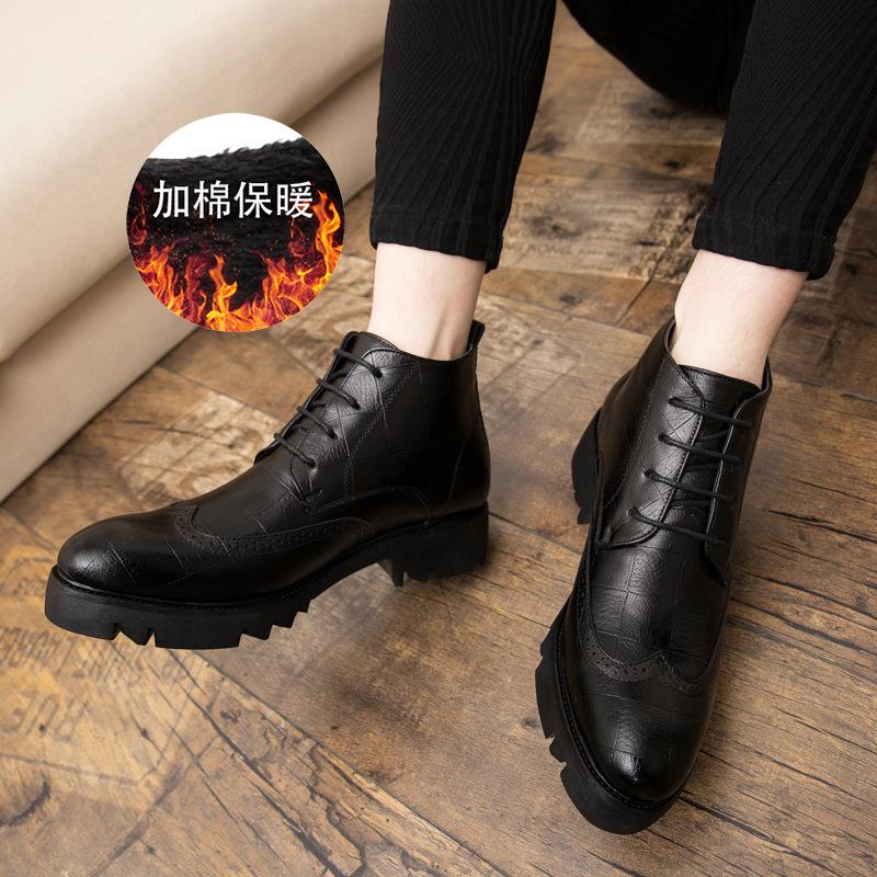 Autumn men's high-top solid color pointed leather shoes retro fashion trend lace-up cotton boots