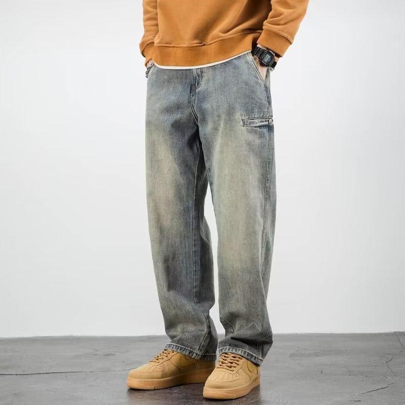 Men's Retro Wide-Leg Straight Jeans - Casual Spring/Autumn Drape Trousers