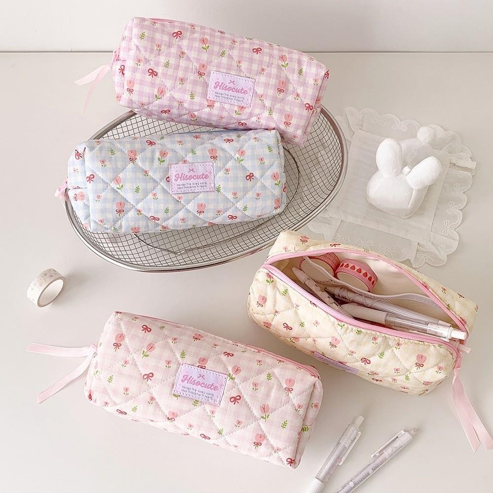 Bow Quilted Pencil Pouch Y2k Flower Pencil Case Desktop Storage Cloth Stationery Bag Student