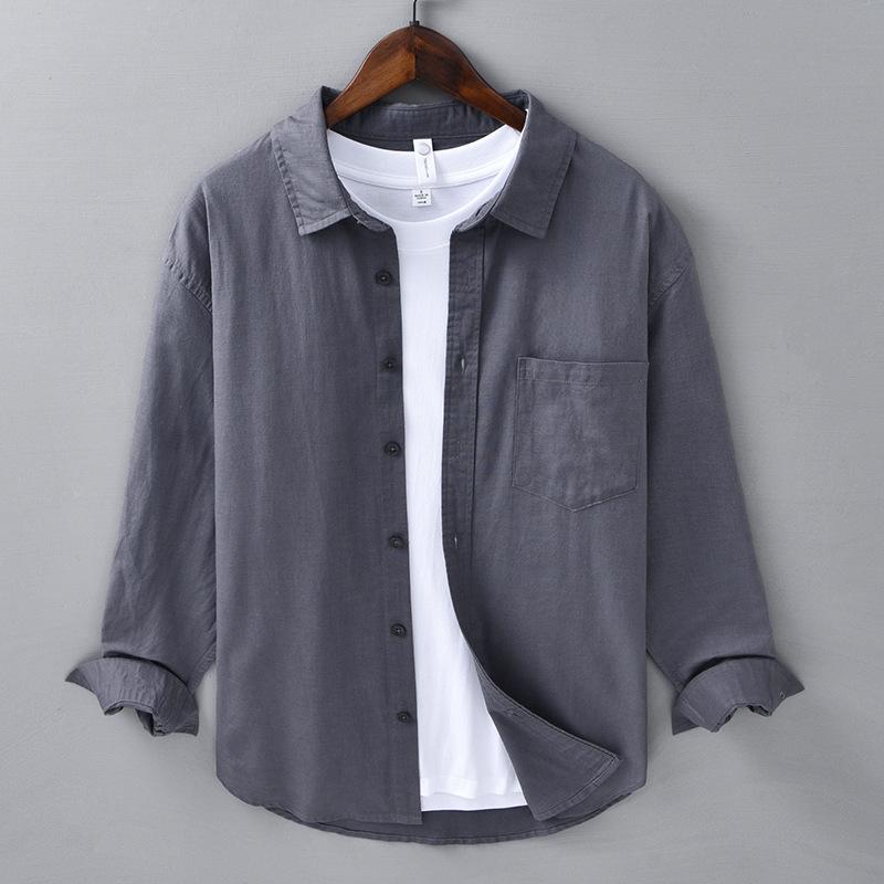 Men's Long Sleeved Shirt Autumn Casual Linen Retro Slim Fit Standing Collar Slim Fit Shirt Jacket Men's Clothing