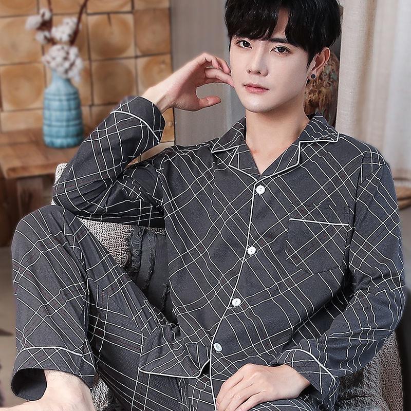 Cotton Pajamas Men's Loose Long Sleeve Cardigan Suit Plus Size Casual Homewear