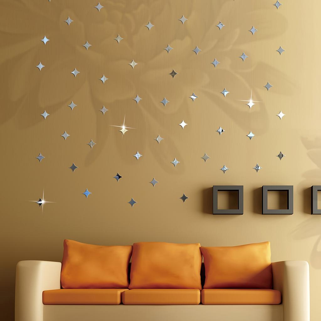 50Pcs Fashionable Removable 3D Star-Shaped Mirror Effect Wall Art Decals Stickers for Home Decor (Color: Silver)