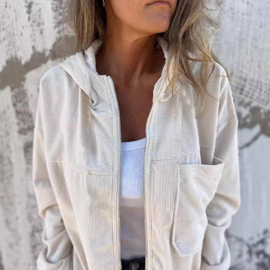 Women's Simple Style Autumn Jacket Coat  Corduroy Hooded Coats Women Fashion Pocket Long Sleeve Casual Jackets