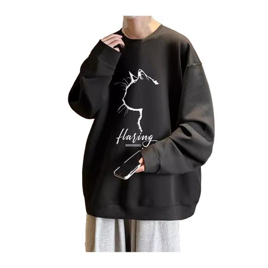 Pánská oversized mikina Hip-hop styl kočka Profil Potisk O Výstřih Volný Jednobarevný Silný plyš Pulovr střední délky Denní Sport Streetwear Top