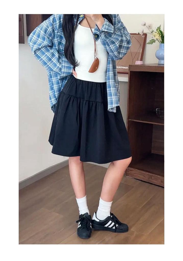 Women's Navy Blue High-Waisted A-Line Skirt, Slimming & Anti-Exposure, Tiered Japanese Academy Style, Half-Length Short Skirt