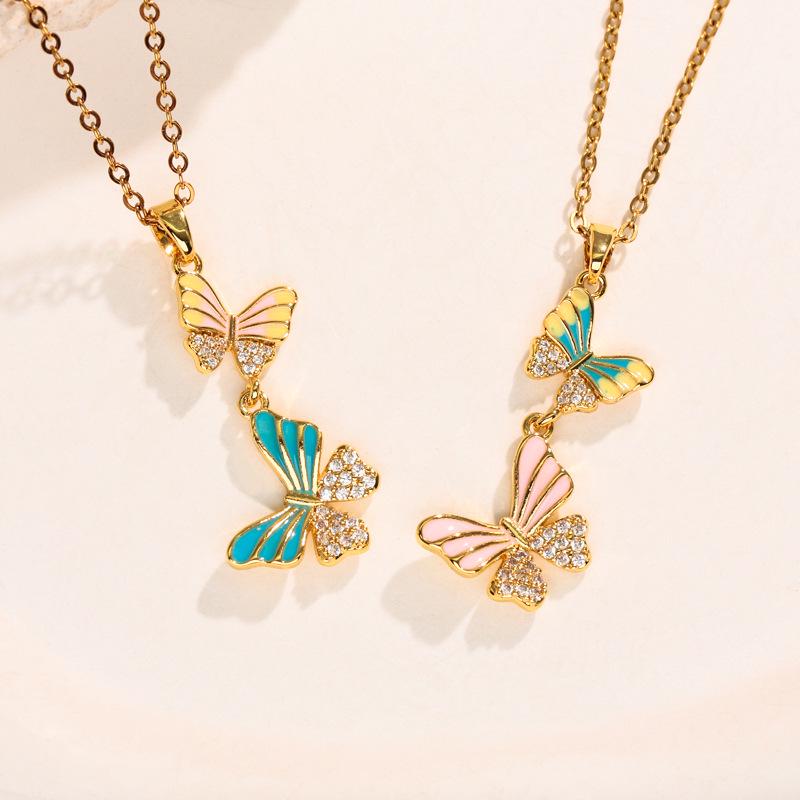 Sweet Temperament Butterfly Pendant Clavicle Necklace - Micro-inlaid Color Drip Oil, New Fashion for Women