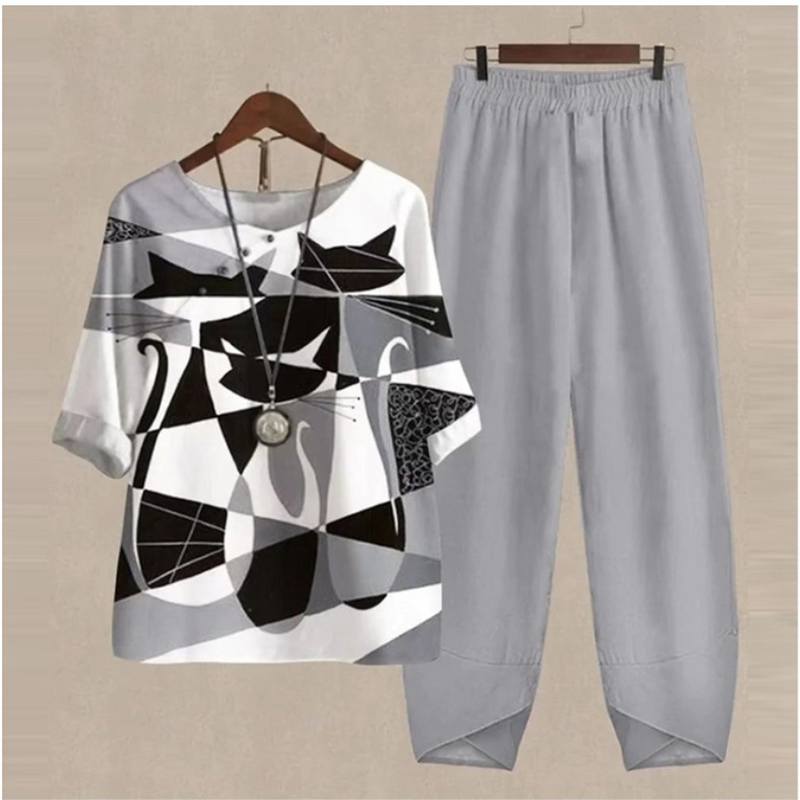 Summer Loose O-Neck Top Wide Leg Pants Two Piece New Elegant Pullover Pants Summer Suit Women Harajuku Style Suit