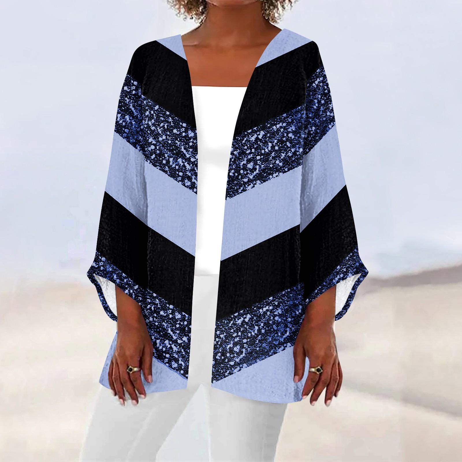 

Женская верхняя повседневная легкая куртка-кардиган средней длины с цветочным полосатым принтом L синий