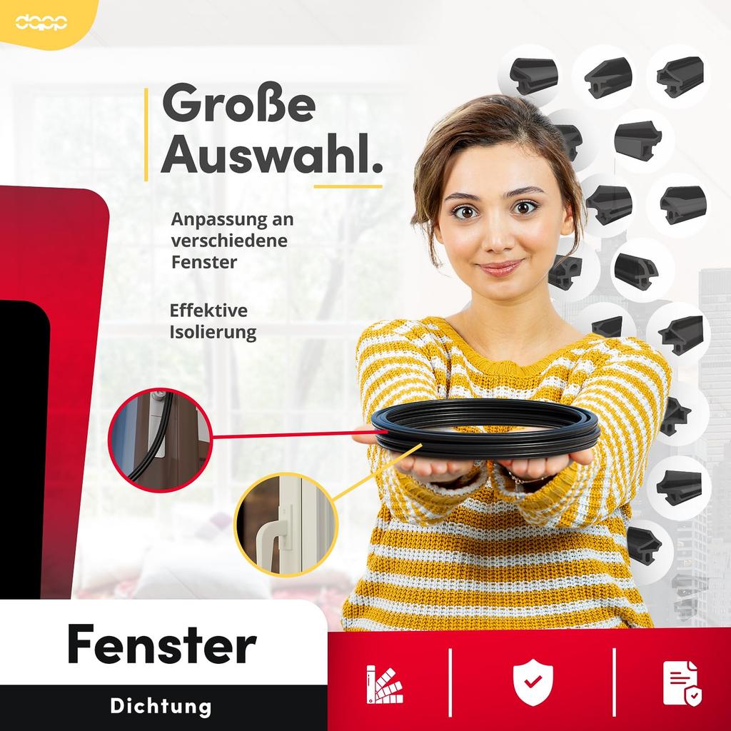DQ-PP Fensterdichtung - Schwarz - 25 - -618 - Für KBE PVC Fenster - Gummidichtug Dichtband - Kunststofffensterdichtungen - Profildichtung Türdichtung