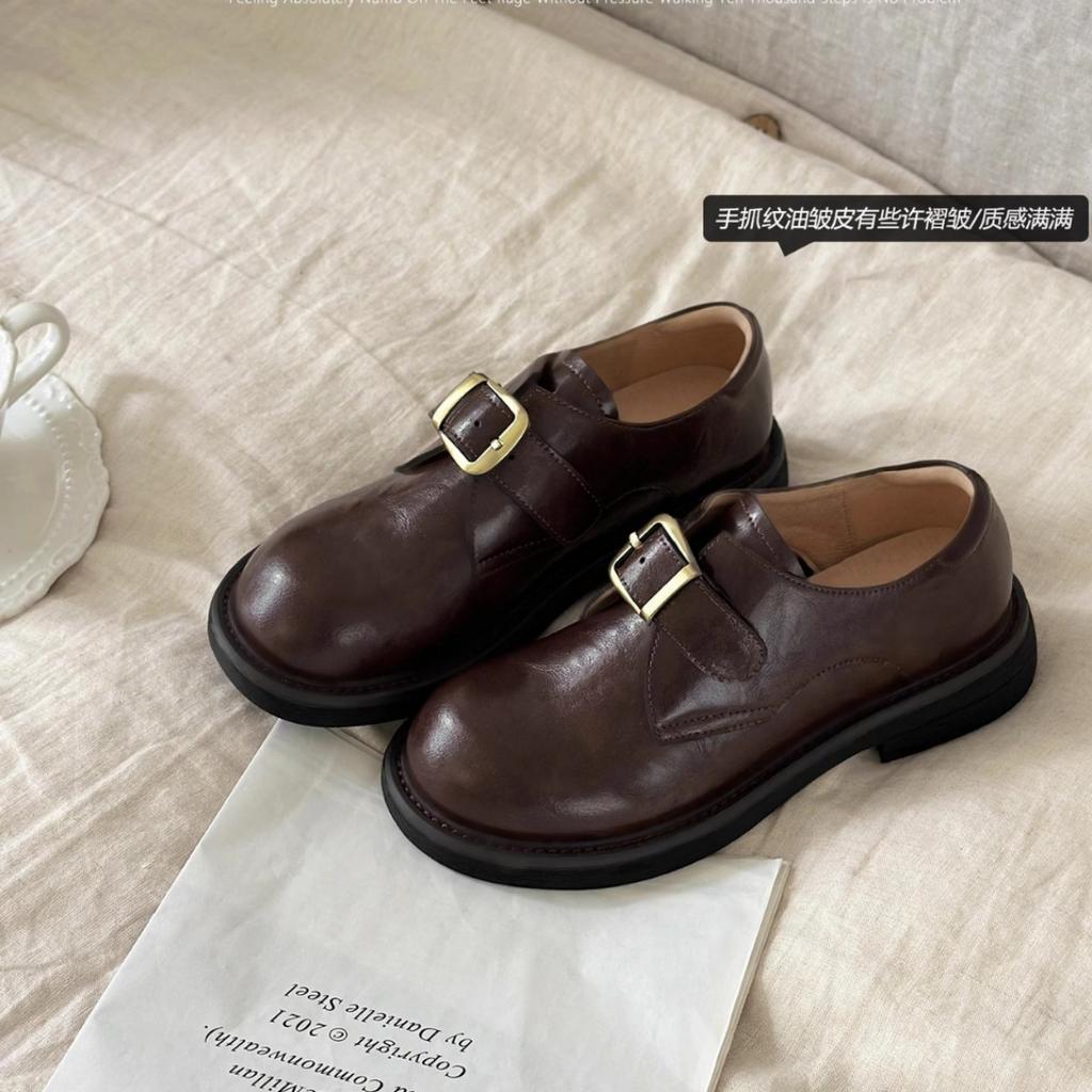 Natural roll same leather loafers women's retro British style platform small leather shoes Velcro square buckle thick heel single shoes