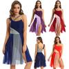 Vestido Collant Feminino Sem Mangas com Alças de Rede Color Block para Dança Lírica Moderna