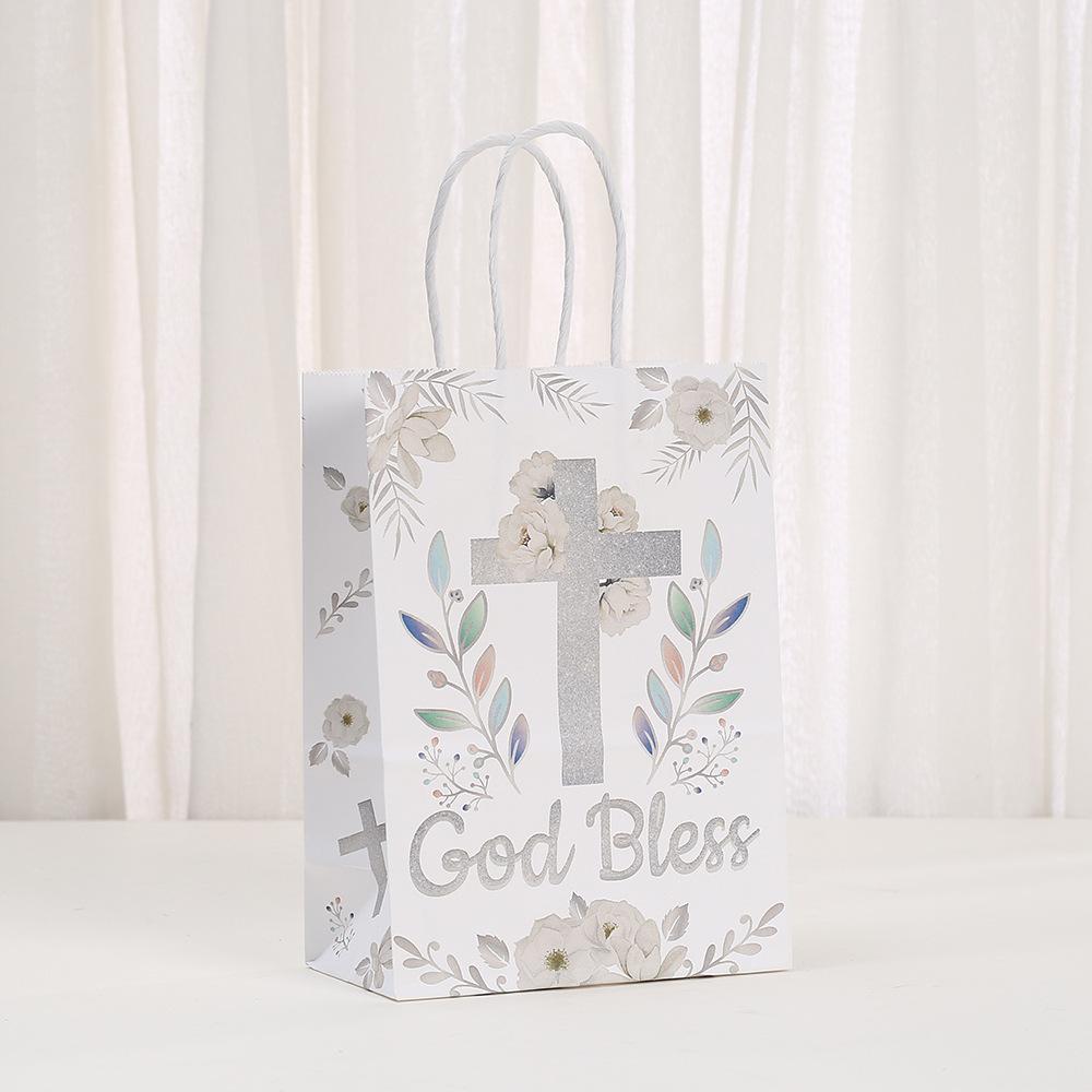 StoBag, God Bless Floral Cross Gift Tote Bags, Perfect for Baptisms, First Communion Weddings Christian Party Supplies