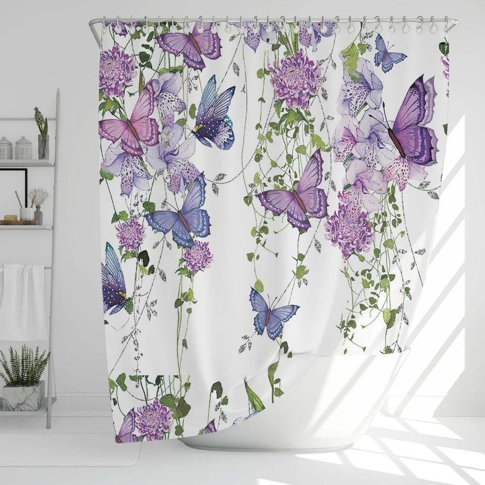 Watercolor Purple Butterfly Floral Shower Curtain 180Cm*180Cm With Hooks, Waterproof Shower Curtain, Bath Curtains For Bathroom