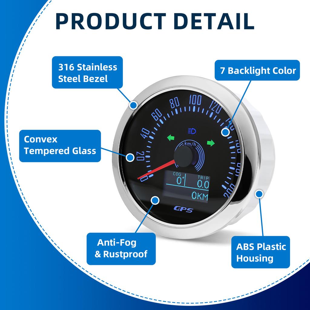 0-200KMH 85MM GPS Speedometer With GPS Antenna 7 Color Backlight 0-160MPH LED Odometer Auto Gauge For 12V 24V Car Boat Marine