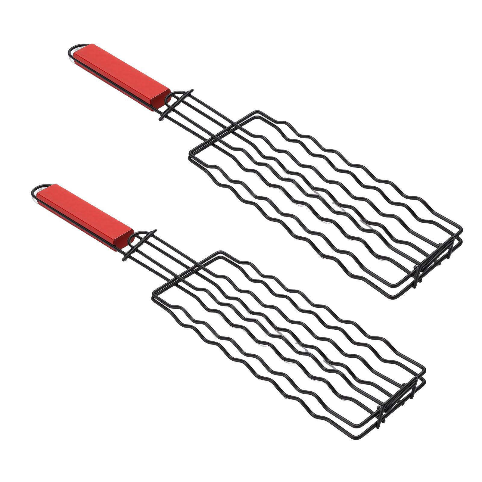 

2pcs Hot Dog Holders for Grilling Sausage Grill Basket Barbecue Mesh Clamp Heatproof Wooden Handle for Cooking Easy to Black