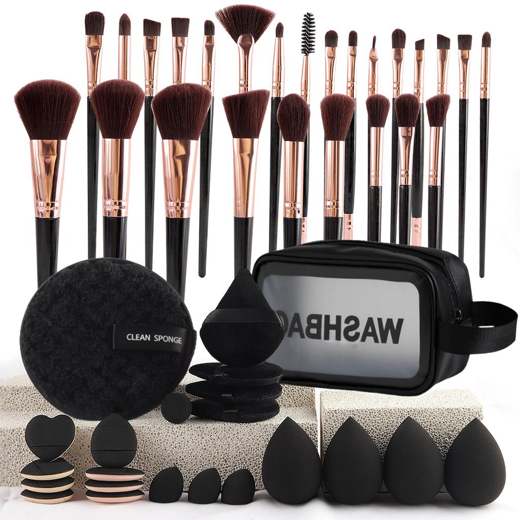 47-Piece Face Makeup Brush Set with Nylon Bristles Plastic Handle Travel-Friendly Bag & Puff-Cross Border