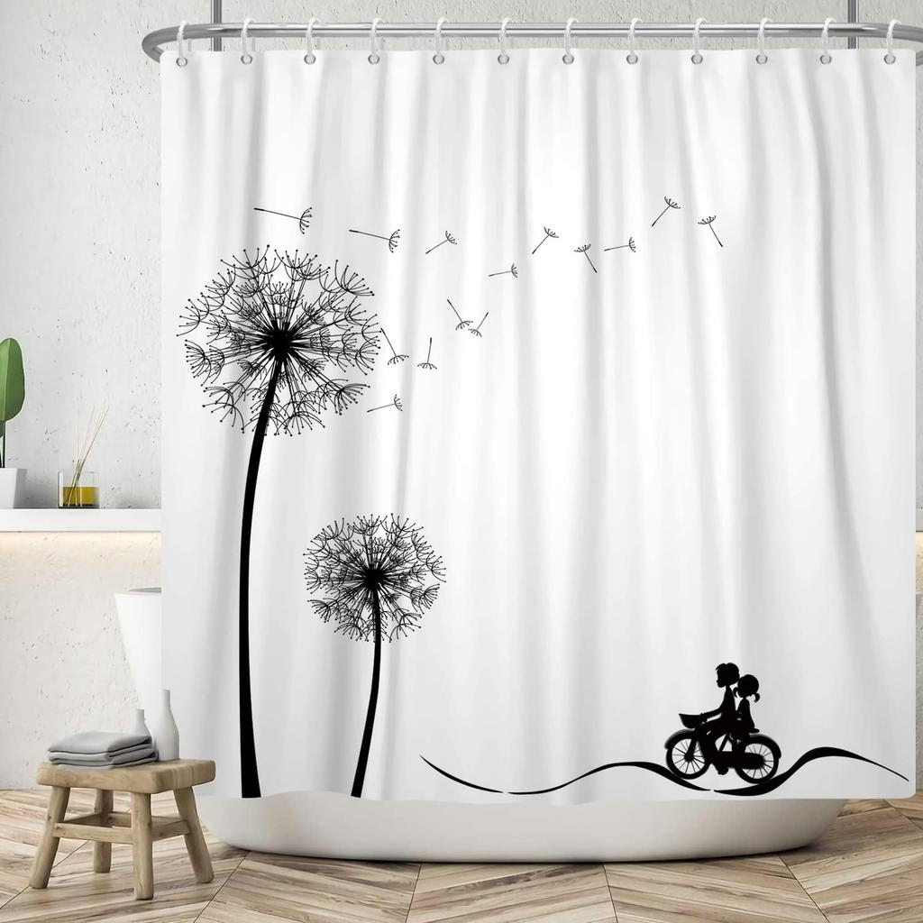 Simple Dandelion Shower Curtain Black White Plant Waterproof Note Bathroom Curtain Simple Bathtub Decoration