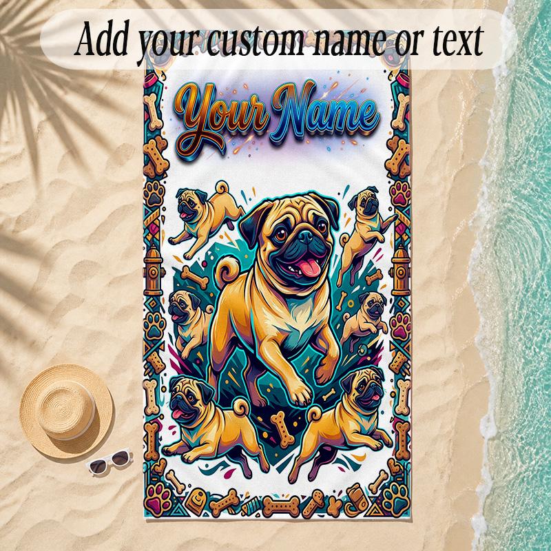Pug Theme Soft Beach Towel Personalized Custom Name Text Towel Portable for Beach Pool Travel