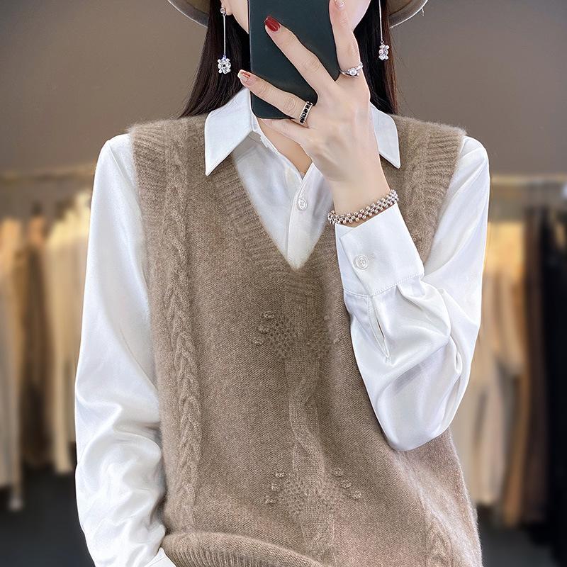 Solid V Neck Cable Knit Vest, Casual Sleeveless Sweater For Spring & Fall, Women's Clothing