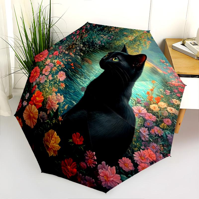 0106 Floral Black Cat  pattern, automatic folding umbrella, portable and foldable design, 8 ribs, a Christmas or birthday gift.