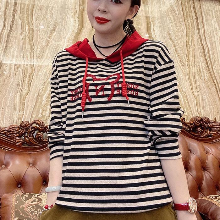 New Autumn Casual Striped Temperament Slim Bright Diamond Casual Loose Inside Women's Sweatshirt