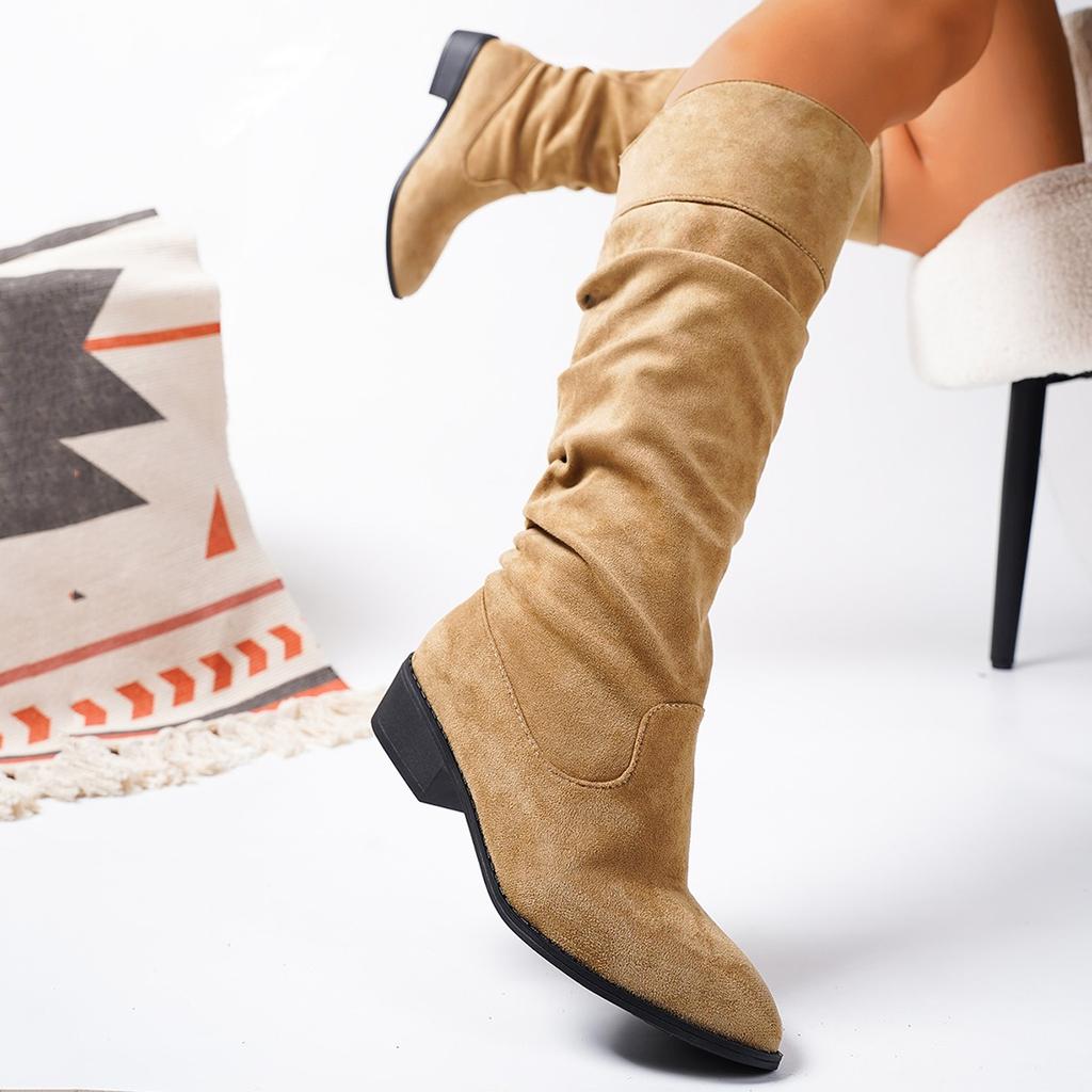 Fashion New Style Vintage Thick Heels Women Pleated Knee High Boots Fashion Slip On Shoes Autumn Winter Ladies Long Boots Zapatos Mujer