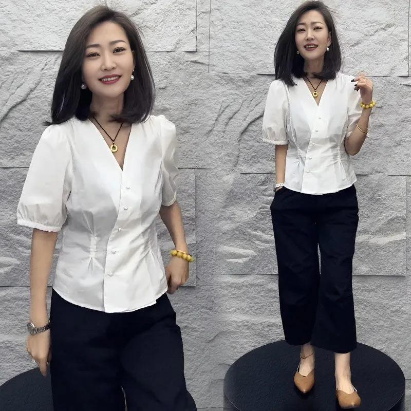

Women s White V-Neck Puff Sleeve Blouse Slim Fit Button-Up Casual Office Top L білий