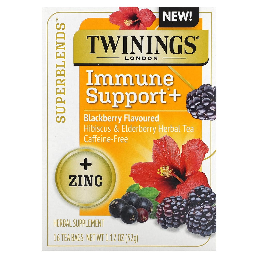 Twinings Invigorating Herbal Tea, Hibiscus + Elderberry & Blackberry, Caffeine-Free, 16 Tea Bags (32g)