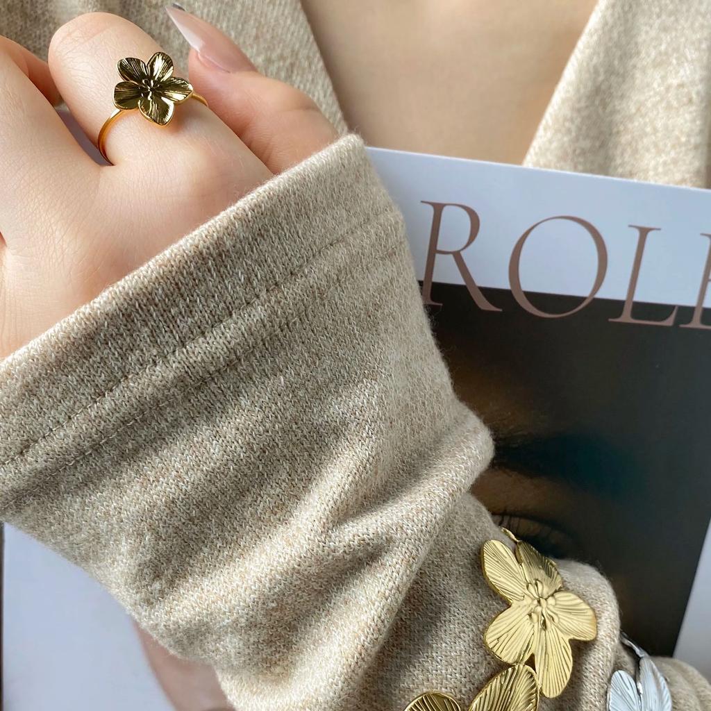CARLIDANA Fashion Jewelry Gold Plated Bracelets Gift Stainless Steel Hammer Butterfly Flower Cuff Bangle Earrings Rings Set