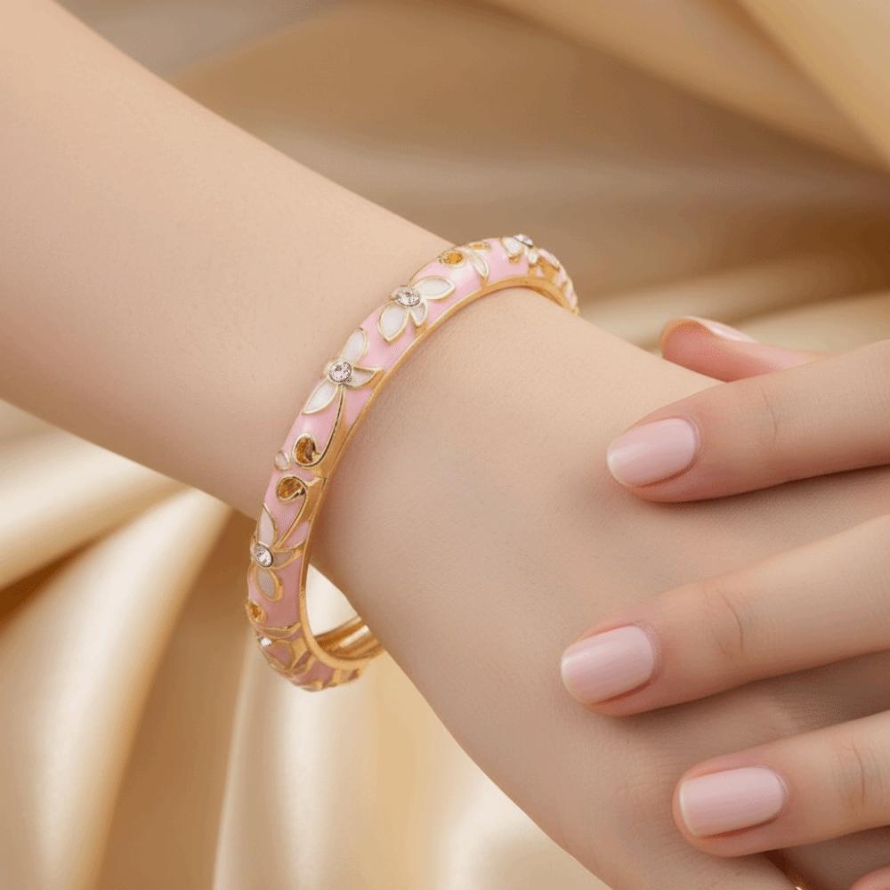 Exquisite Painting Enamel Flower Bangle Lightweight Metal Rhinestone Thin Bracelet Beach Vacation