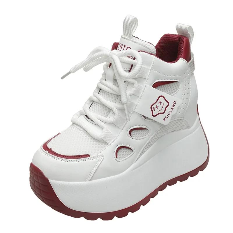 Fashion 10cm Spring Chunky Sneakers Women Lace-up Platform Sports Dad Shoes Woman Goth Thick Bottom High Heels Female Wedges Sneakers