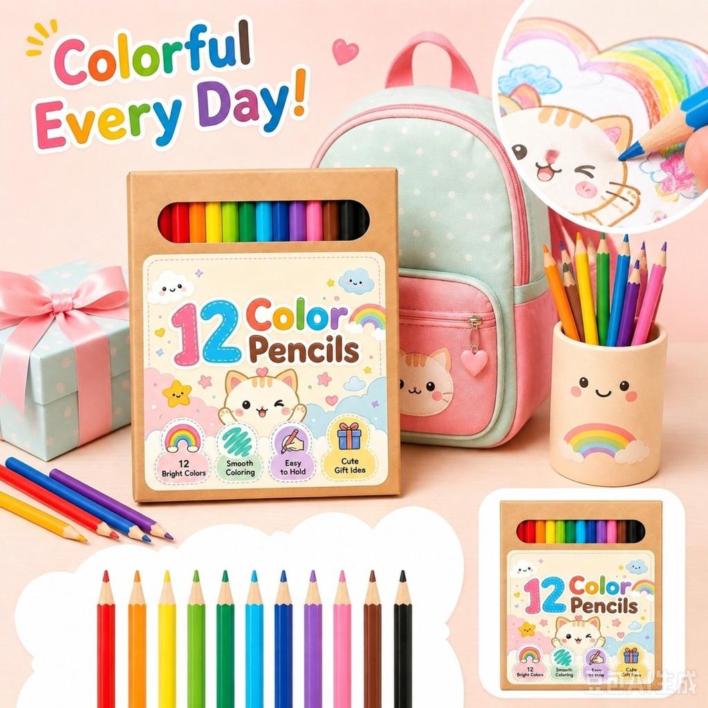 Colored Pencil Set for Kids, 12 Bright Colors, Smooth Coloring, Supplies for School and Home