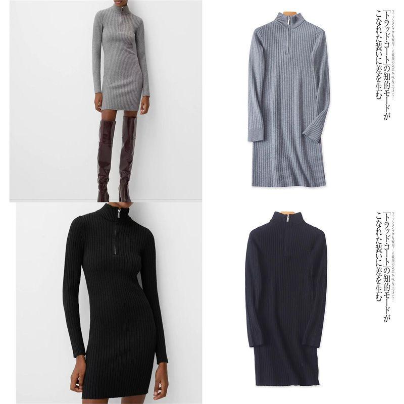 

Foreign Trade European and American Single Women Knitted Skirt 2025 Spring New Half-high Collar Zip-up Slim fit Slimming Dress Black S