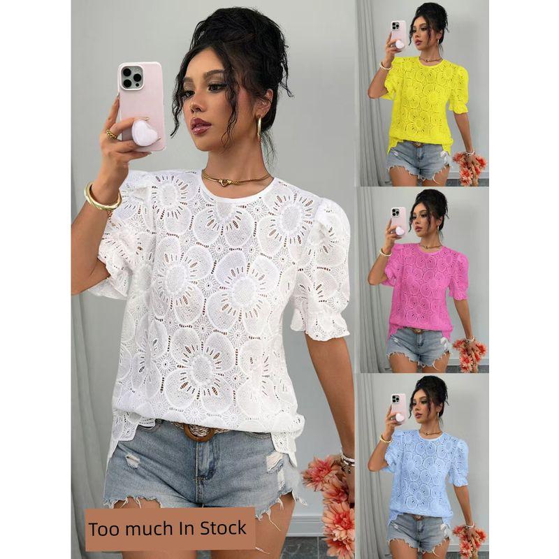 

Cross-Border Fashion Style Women s Clothing Amazon Summer Best-Selling Leisure Cut Out Lace Bubble Short Sleeve Shirt Top Tide Rose Red M