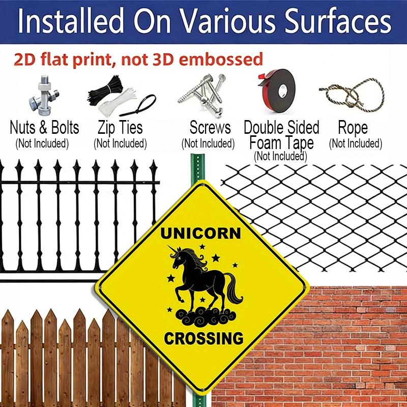 2D Flat - 1pc Whimsical Unicorn Crossing Caution Yellow Metal Tin Sign | Durable Indoor/Outdoor Wall Decor, Novelty Home or Garden Art, Unicorn Wall