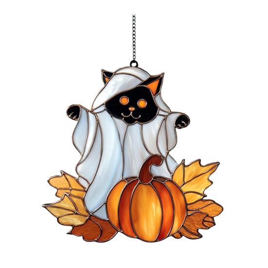 Halloween Ghost Suncatcher Colorful Dog/Cat Pattern Window Hanging Ornament with Pumpkin 2D Acrylic Suncatcher for Halloweens Decor