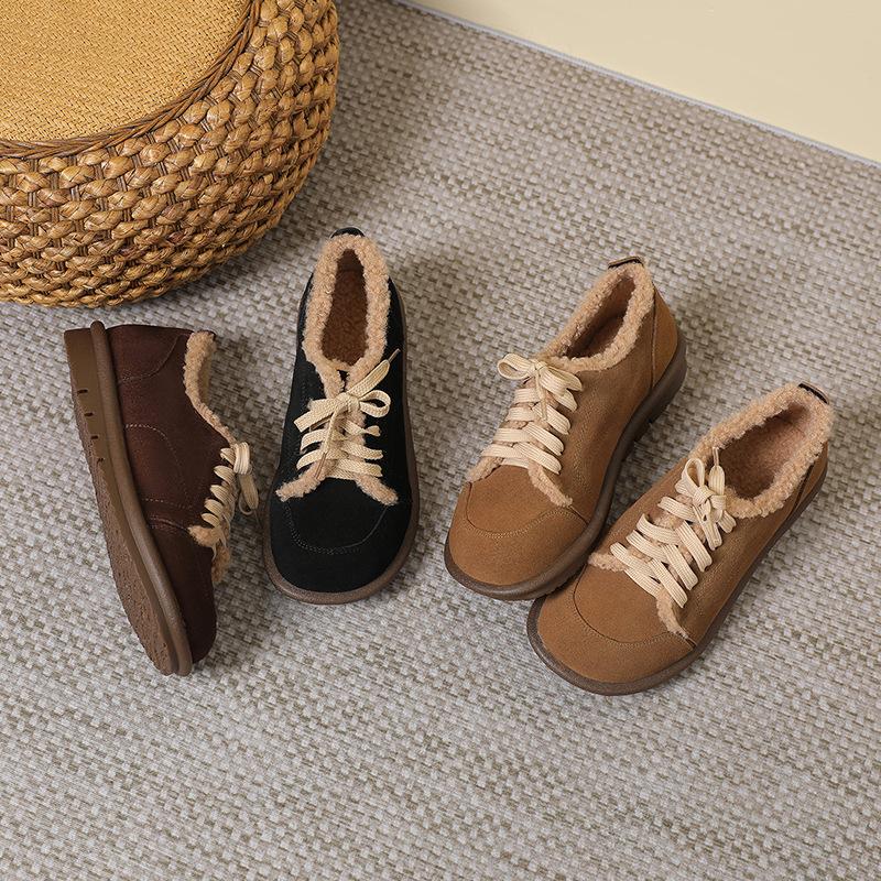 Fashion GKTINOO Loafers Winter Women Cow Suede Leather Round Toe Lace-up Warm Comfort Soft Sole Ladies Flat Fur Shoes Big size 43