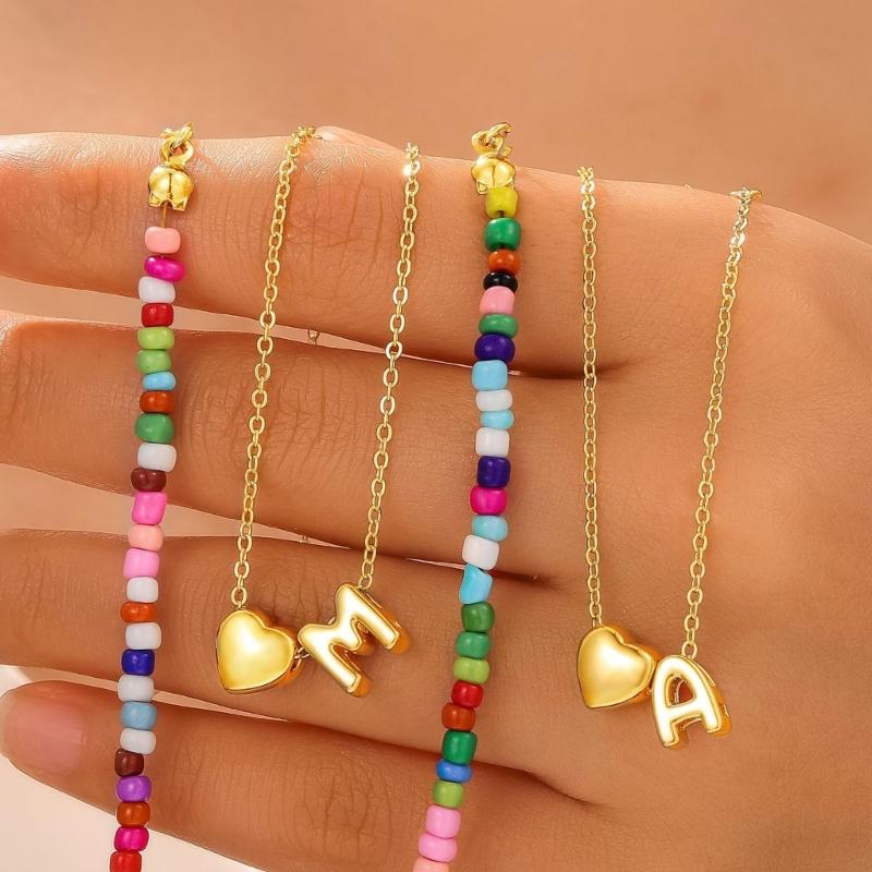 Double Layer Heart Beaded Bracelet Feature Initial Charm Letter Fashion Copper Jewelry Gift For Teen Girls Women