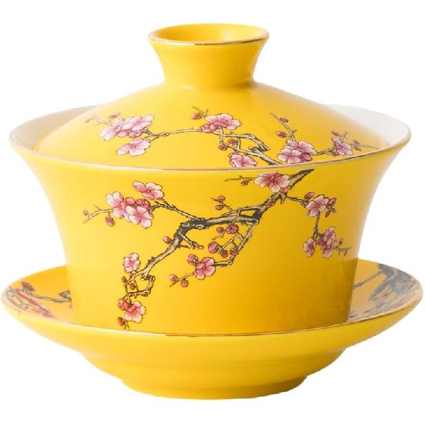 YBK Tech 10oz Large Gaiwan, Porcelain Kung Fu Tea Cup and Saucer with Lid, Chinese Traditional Gaiwan, Sancai Tea Bowl - Embossed Plum Patterns