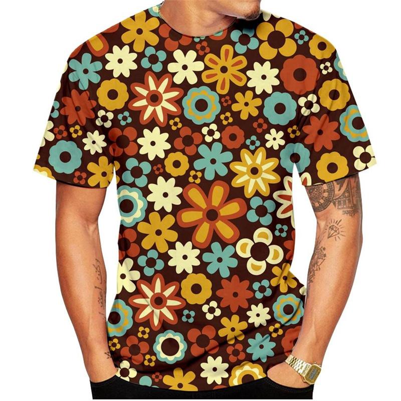 Summer Round Neck 3D Colorful Flower Print Top Fashionable Casual Hawaiian Vacation Style Short Sleeved Men's T-shirts