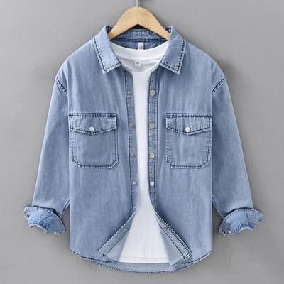 Japan Retro Style Long Sleeve Denim Shirts for Men Spring/Autumn Casual Jacket Double Pocket Snap Button Shirt Pure Cotton Jean Men Tops