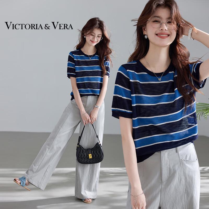 VICTORIA&VERA Women s Thin Striped Knit Short Sleeve T-Shirt L
