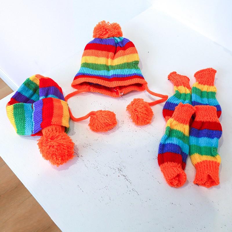 Pet Winter Warmth Set: Knitted Hat Scarf Paw Covers Small Dogs Cats Rainbow Pink Brown Yellow