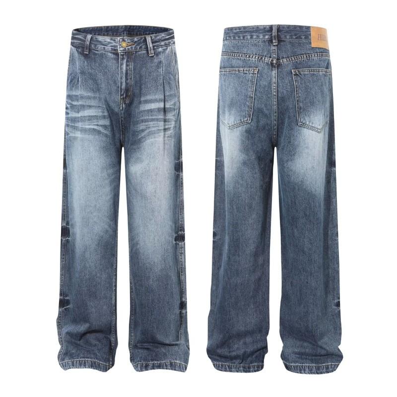 Mens Relaxed Straight Cut Distressed Washed Denim Jeans Wide Leg Long Pants Streetwear Hip Hop